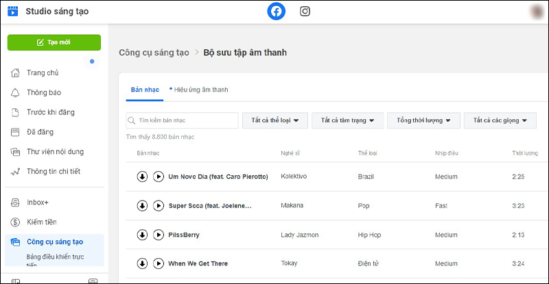Giao diện của Facebook Sound Collection