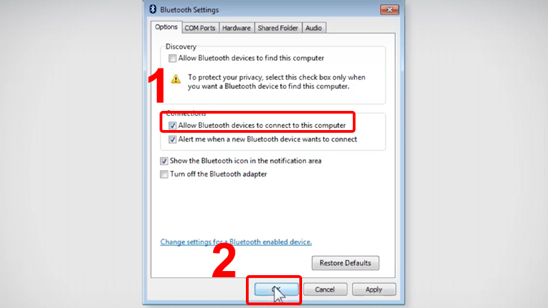 Tick vào ô “Allow Bluetooth devices to connect to this computer” để bật Bluetooth