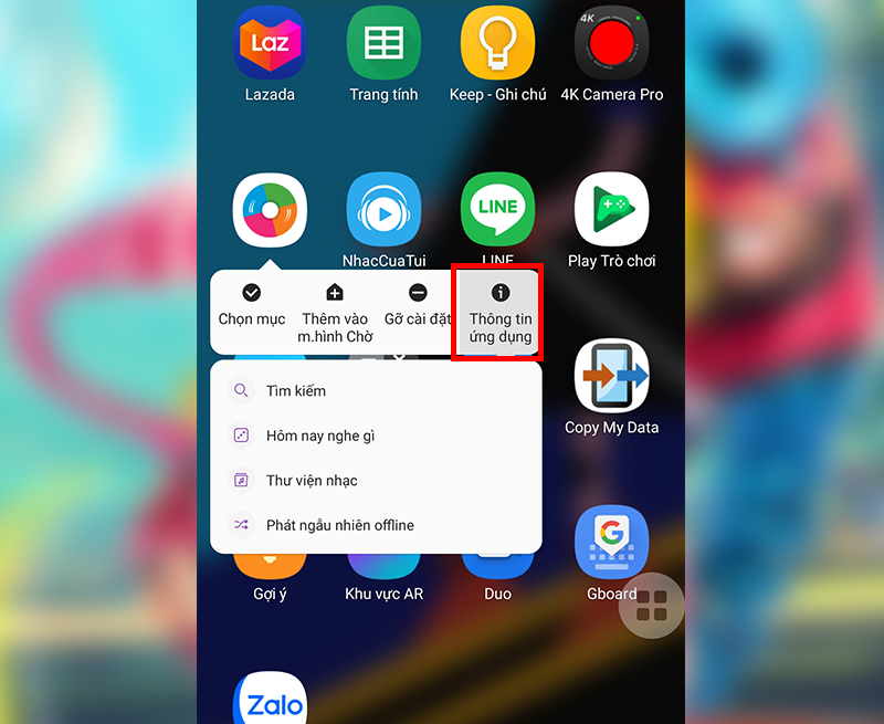  Chọn mục Thông tin ứng dụng