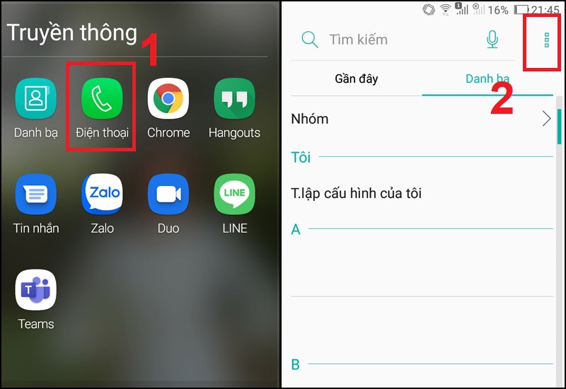 Truy cập danh bạ và chọn biểu tượng 3 dấu chấm
