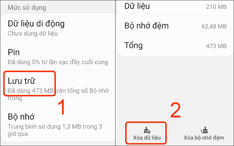 Nhấn vào Xóa dữ liệu