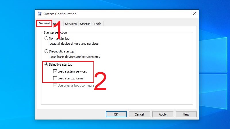 Bỏ đi dấu tick ở mục Load startup items ở Selective startup