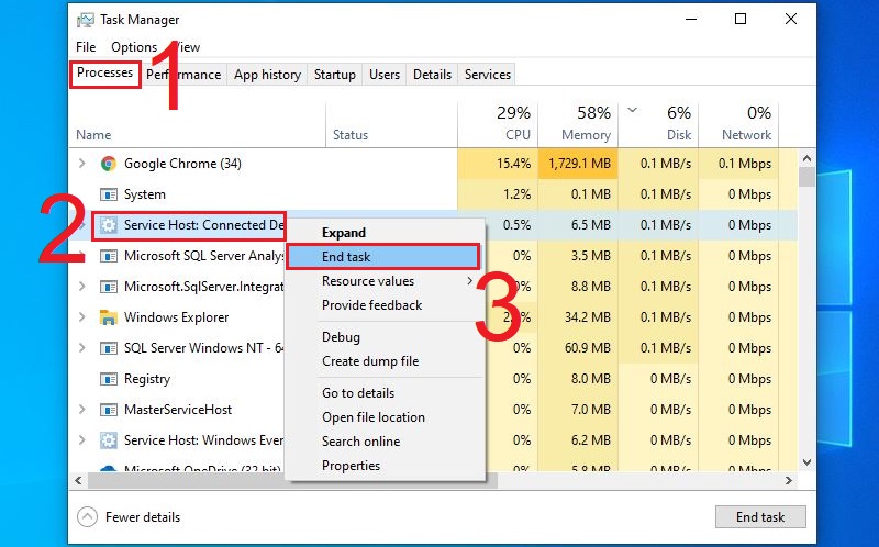 End task để tắt ứng dụng gây lỗi ở tab Processes