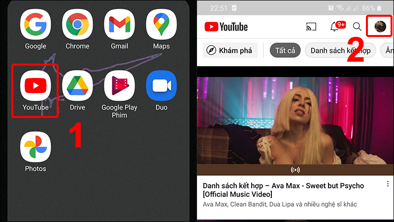 Mở ứng dụng YouTube và vào Tài khoản