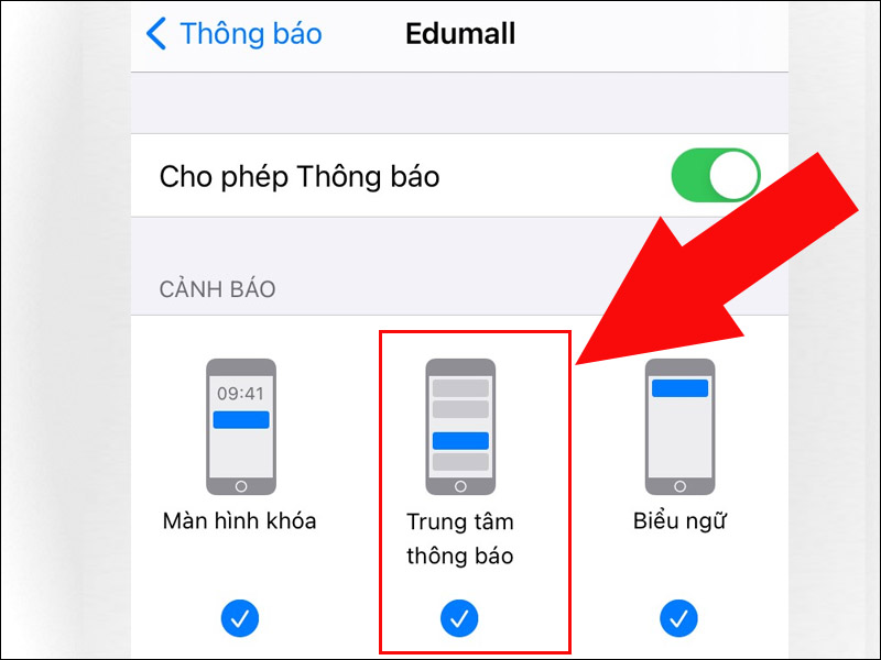 Chọn Trung tâm thông báo trong mục Cảnh báo