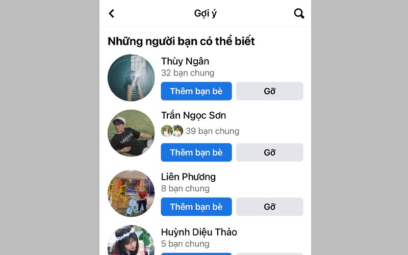 Danh sách bạn bè được gợi ý kết bạn