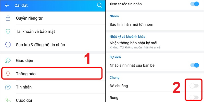 Tắt rung, âm báo tin nhắn, cuộc gọi từZalo