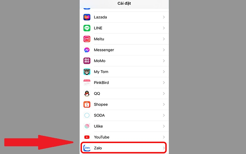 Chọn ứng dụng Zalo trong phần Cài đặt