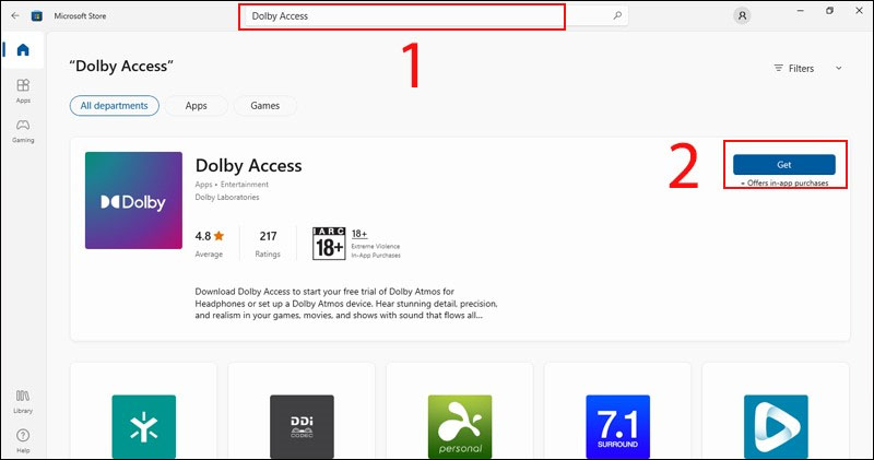 Tìm kiếm Dolby Access trên Microsoft Store và cài đặt