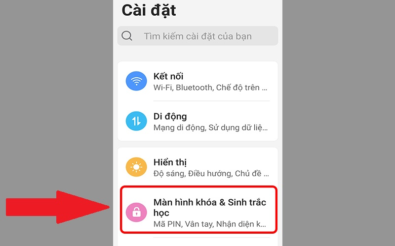 Vào Cài đặt, chọn Màn hình khoá & Sinh trắc học