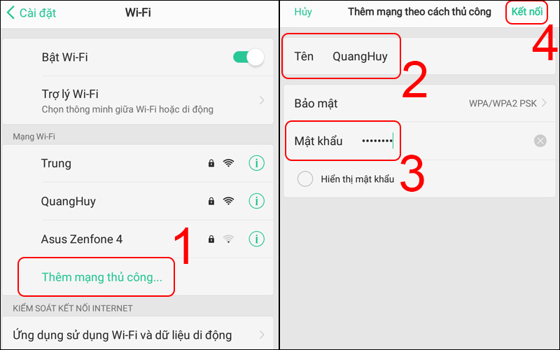 Chọn Thêm mạng WiFi. Sau đó, nhập Tên và Mật khẩu của mạng Wifi và chọn Kết nối