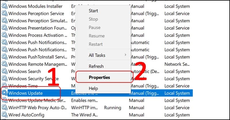 Nhấn chuột phải vào Windows Update và chọn Properties