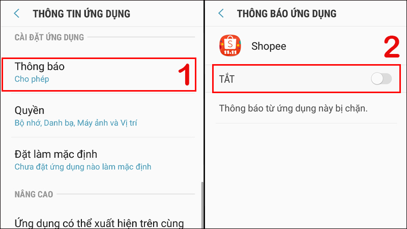 Gạt nút sang trái tại Cho phép thông báo để chặn thông báo