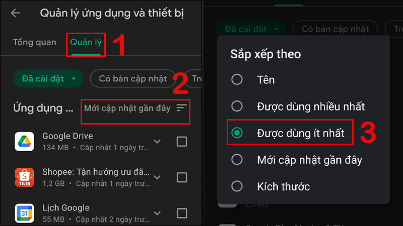 Chọn bộ lọc ứng dụng sắp xếp theo chế độ Được dùng ít nhất