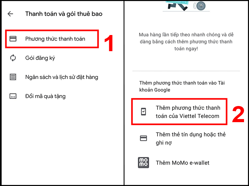 Chọn Thêm phương thức thanh toán của Viettel Telecom