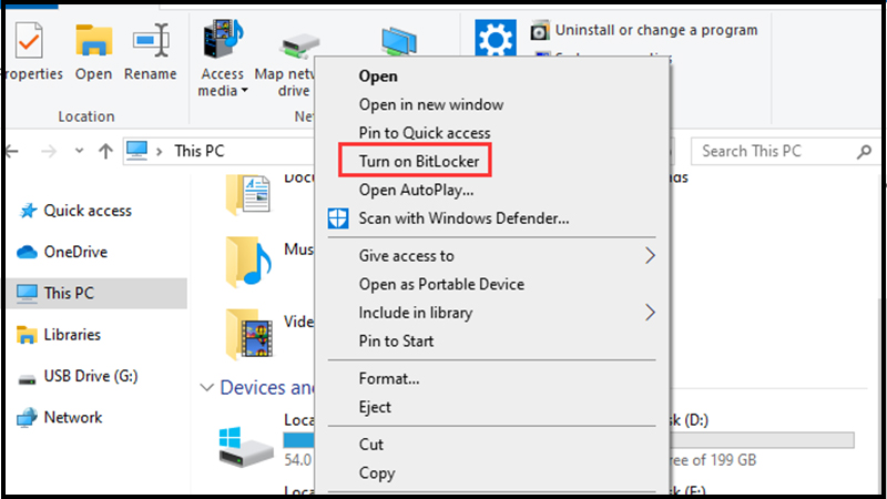 Chọn Turn on BitLocker