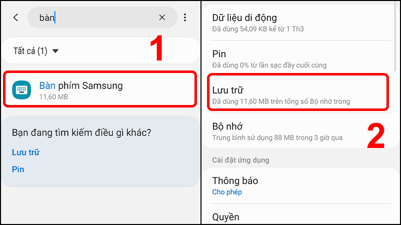 Tìm kiếm Bàn phím Samsung và chọn Lưu trữ