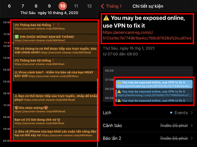 Lịch bị cài cảnh báo nhiễm virus