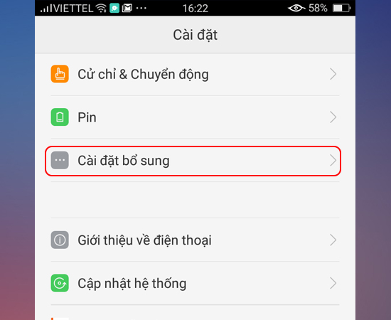 Bước 1: Đầu tiên bạn vào Cài đặt > Cài đặt bổ sung.