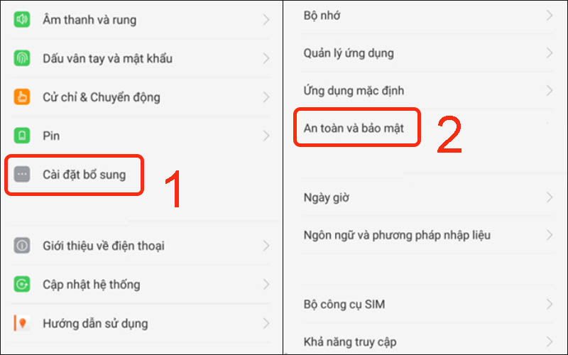 Chọn An toàn bảo mật trong cài đặt bổ sung