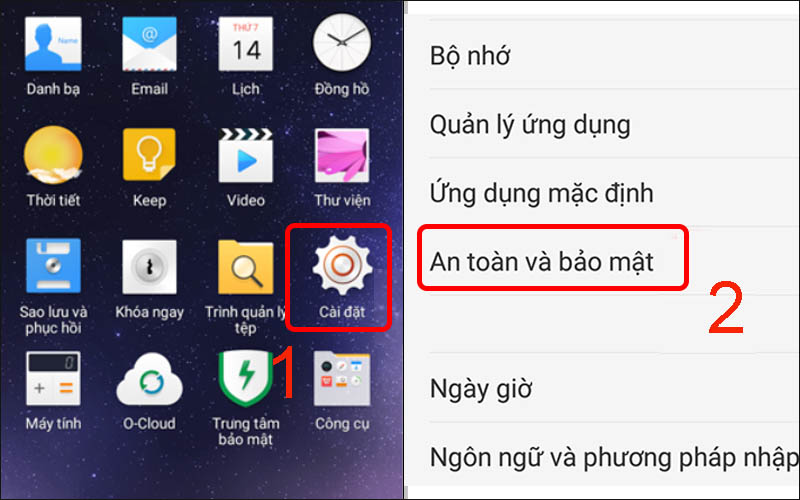 Chọn vào mục An Toàn và bảo mật trong cài đặt
