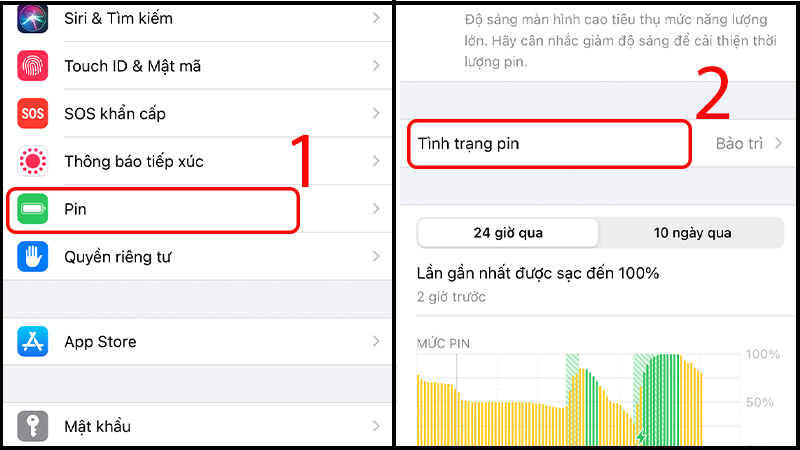 Kiểm tra tình trạng pin trong phần Cài đặt của iPhone