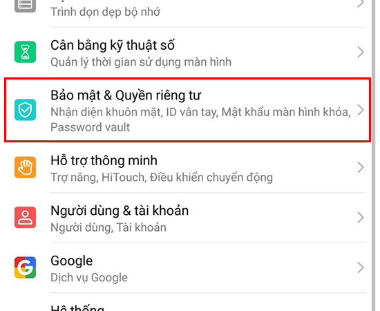 Bước 2: chọn bảo mật và quyền riêng tư