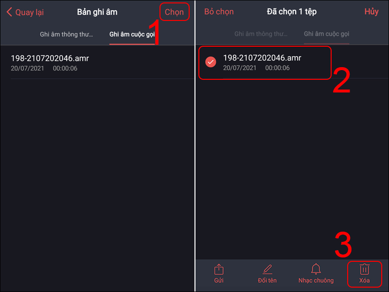 Chọn file ghi âm mà bạn muốn xóa rồi nhấn Xóa