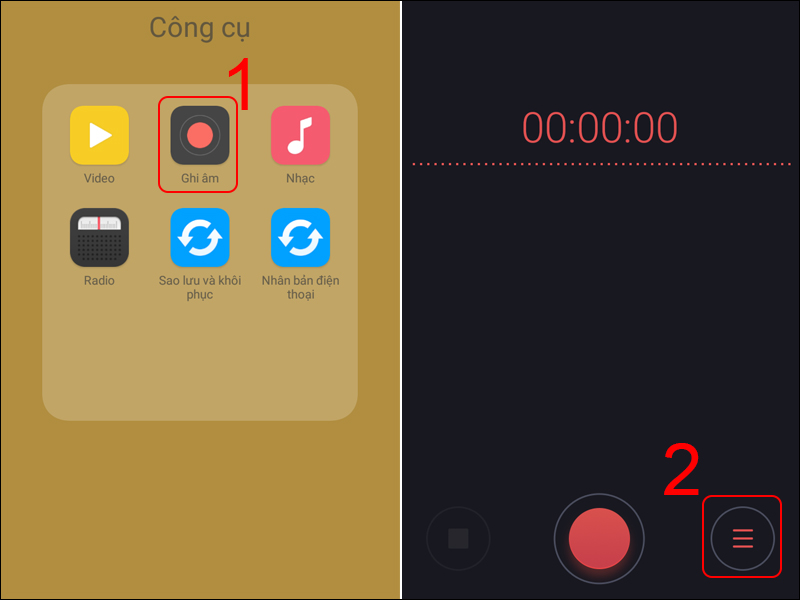 Vào Ghi âm và chọn biểu tượng 3 dấu gạch ngang