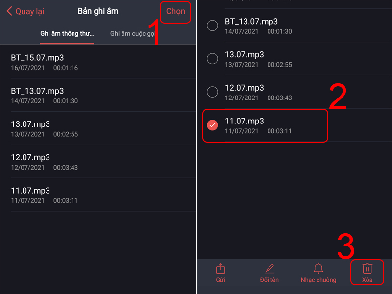 Chọn file ghi âm mà bạn muốn xóa rồi nhấn Xóa