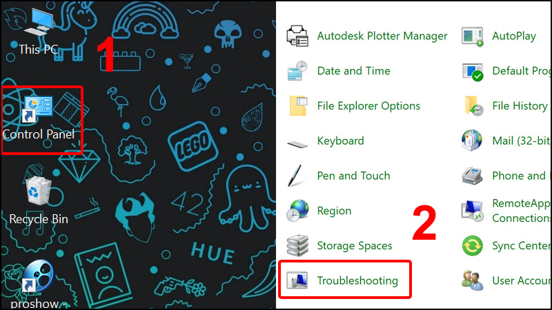 Mở Contol Panel và chọn Troubleshooting