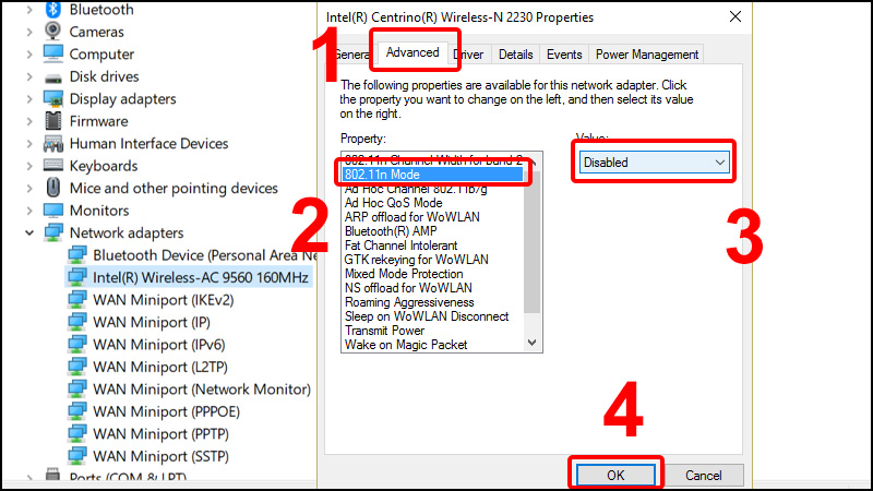 Chọn 802.11n Mode và chọn Disabled nhấn OK để lưu