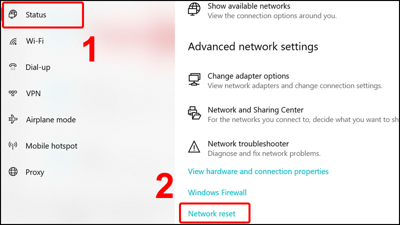 Trong tab Status và chọn Network Reset