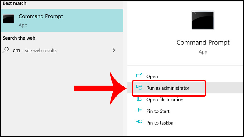 Mở Command Prompt bằng Run as administrator