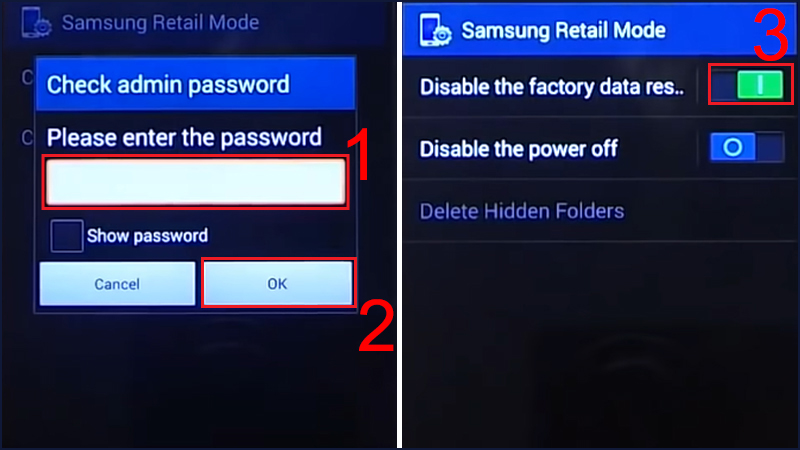 Nhập password: 5444 > Chọn OK.Kéo thanh trượt Disable the factory data reset.