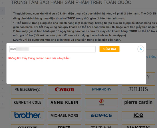 Nếu trường hợp bạn nhập sai hoặc sản phẩm bạn không mua tại Thế Giới Di Động thì kiểm tra IMEI sẽ không tìm thấy nhé.