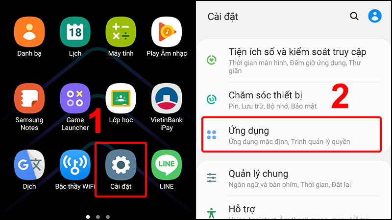 Vào Cài đặt và chọn Ứng dụng