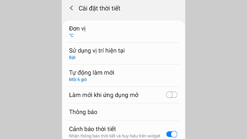Tùy chỉnh đơn vị thời tiết, thiết lập thời gian tự động làm mới, vị trí,...