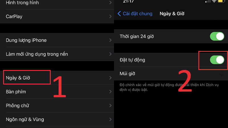 Chọn mục Ngày & Giờ, gạt nút Đặt tự động sang phải