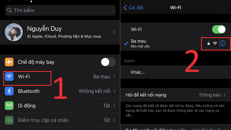 Vào Cài đặt, chọn WiFi, chọn WiFi mà bạn đang sử dụng