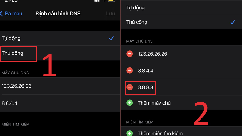 Chọn Thủ công, chọn Thêm máy chủ và nhập 8.8.8.8 để thay đổi DNS