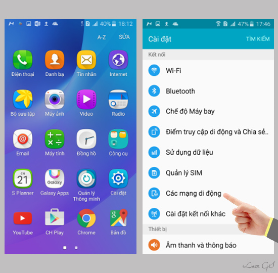 Chọn cài đặt các mạng di động