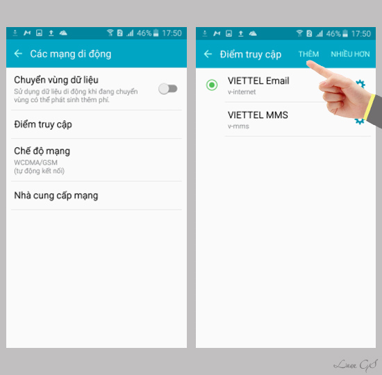 Chọn Thêm để cấu hình nhà mạng