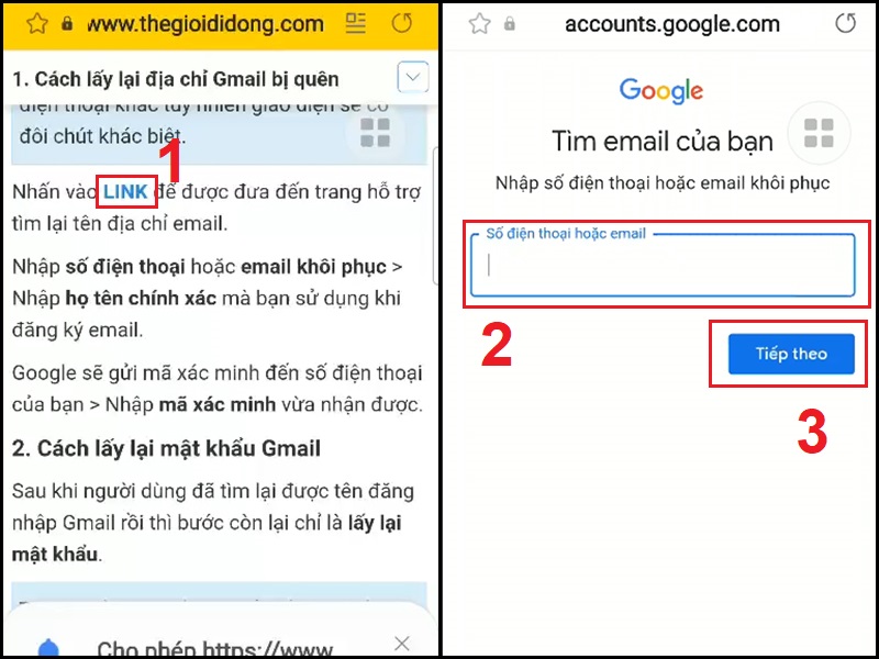 Nhập số điện thoại hoặc email khôi phục