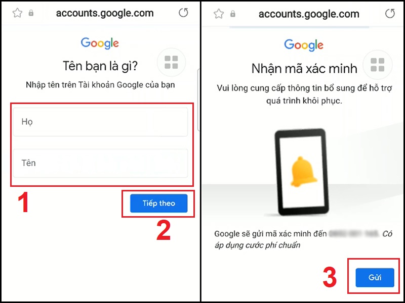 Nhập họ tên và chờ mã xác minh từ Google