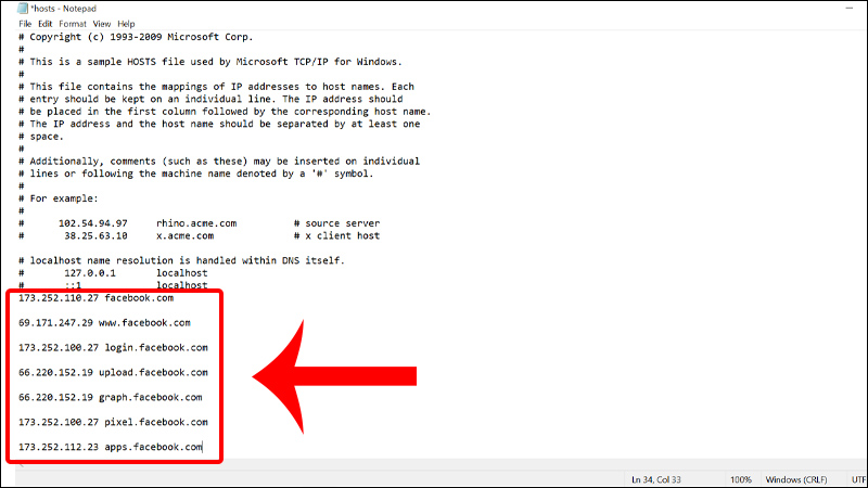 Copy và paste dãy hosts vào cuối File Hosts