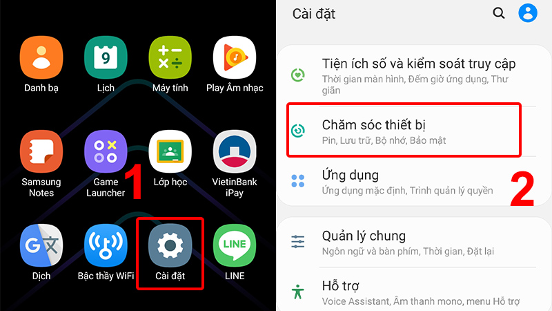 Vào Cài đặt và chọn Chăm sóc thiết bị