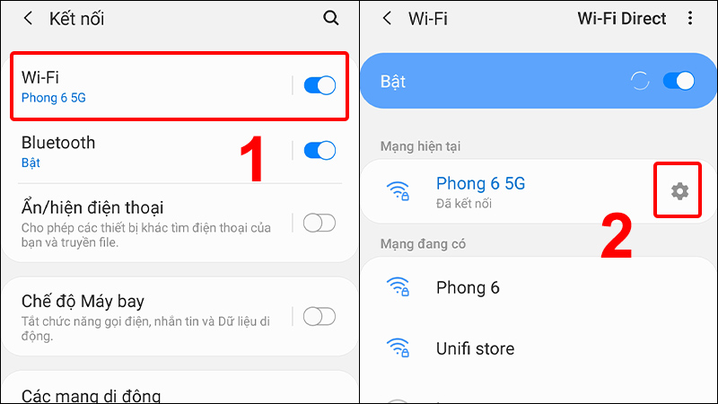 Vào Wi-Fi và chọn biểu tượng Cài đặt