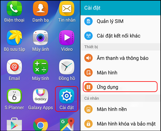 Chọn Cài đặt -> Ứng dụng