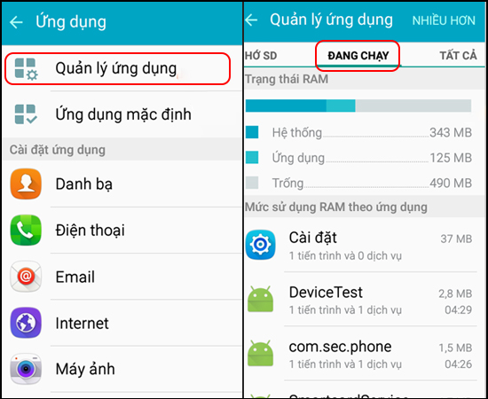 Chọn quản lý ứng dụng -> Đang chạy